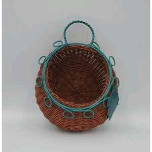 Decorative Hanging Wicker Basket with Green Metal Wire Cottagecore